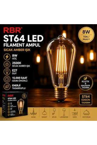 Rbr St64 Led Filament Armut Ampul E27 8w 2500k Amber Rustik Edison Dekoratif Ampul 1