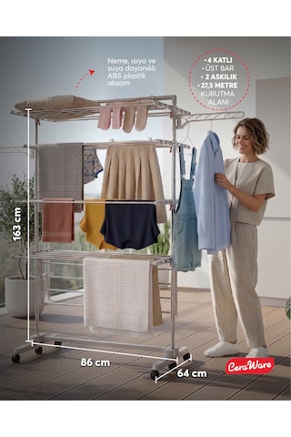 Home S4 Premium 4 Katlı Çamaşırlık Made in Korea Tam Katlanır Tekerlekli Çamaşır Kurutmalık