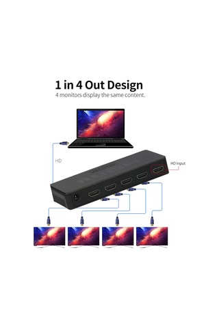 1'de 4, 4k 30hz Hd Bölücü 4 Ekran Cihazını Aynalayın 1'den 4'e Hd Adaptör Senkron Çıkış Ses Ve Video Tak Ve Oyna Hd1.4b 3d Destekler, Siyah