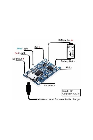 Lithium Pil Şarj Modülü Korumalı - Tp4056, Micro Usb Konnektör, Bms