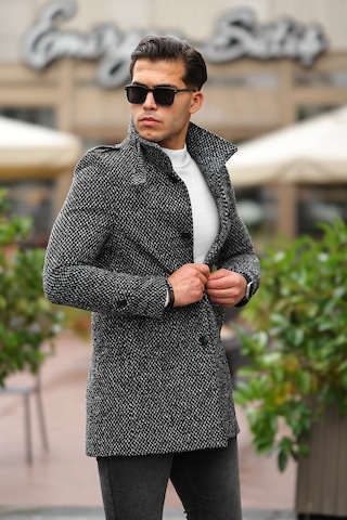 Erkek Dar Kesim Dik Yaka Uzun Açık Desenli Kaşe Kaban Gri - Siyah