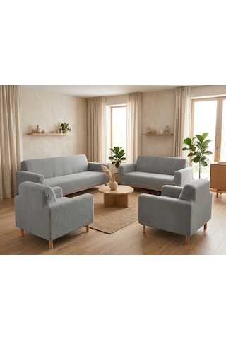 Bohem Likralı Koltuk Örtüsü Takımı 3+3+1+1 Yumuşak Dokulu Esnek Modern Desenli Koltuk Kılıfı Gri