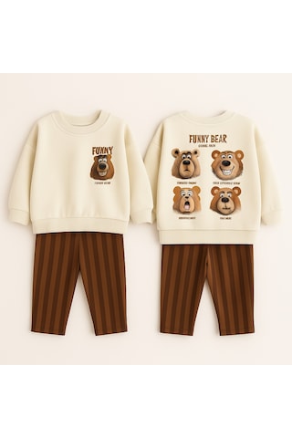 Erkek Çocuk Kahve Renk Funny Bear Baskılı Sırt Detaylı Sweatshirt Çizgili Jogger Eşofman Alt Üst Takım Krem