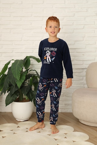 Yeni Stil Sonbahar/kış Erkek Çocuk Uzay Figür Astronot Desen Polar Pijama Takımı 4565 Lacivert