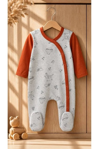 Ferasty İstanbul Unisex Bebek Tulum Rakun Desenli Gri Turuncu