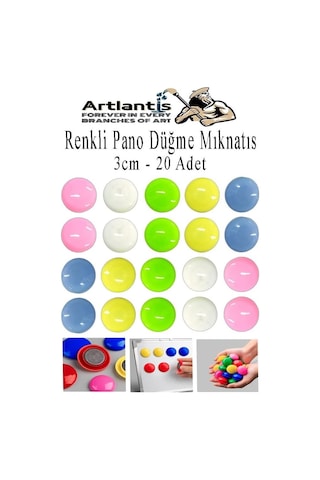 Artlantis Renkli Pano Düğme Mıknatısı 20 Li 1 Paket Manyetik Yuvarlak Mıknatıs Buzdolabı Renkli Plastik Kaplı D