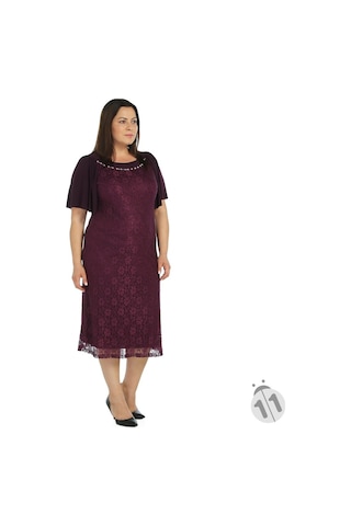Nidya Moda Büyük Beden Sandy Kombin Dantel Elbise-4026Dym Mürdüm