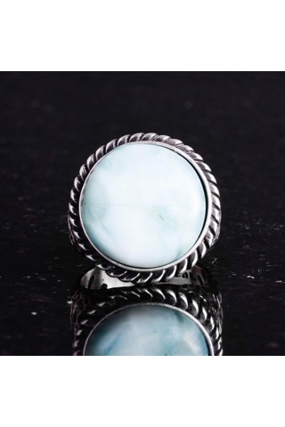 Gerçek Doğal Taş Yüzük - 925 Ayar Katı Gümüş Erkek Yüzüğü Larimar İle Gümüş