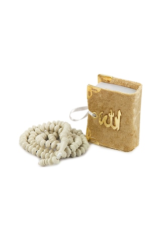 Kadife Kaplı Mini Kuran Kutulu - Tesbihli - Gold