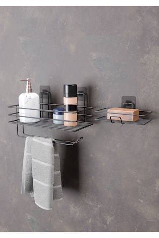 Güçlü Yapışkanlı Banyo Rafı Kağıt Havlu Tutacağı Ve Metal Sabunluk Set Düzenleyici Siyah