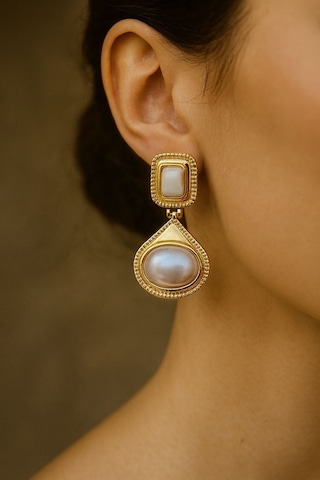 Vintage İncili Pirinç Kaplama Küpe Çok Renkli