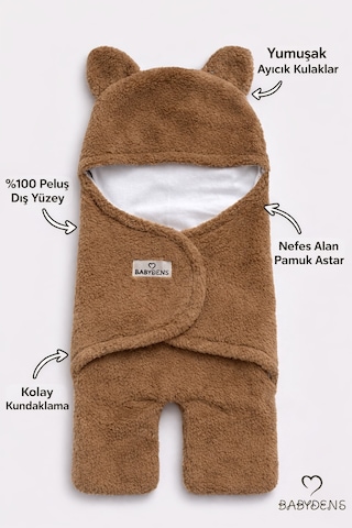 Babyden's 0-12 Ay Welsoft Peluş Bebek Dış Kundak - Uyku Tulumu Ayıcık Kulaklı İçi %100 Pamuk Astarlı Battaniye Kahverengi