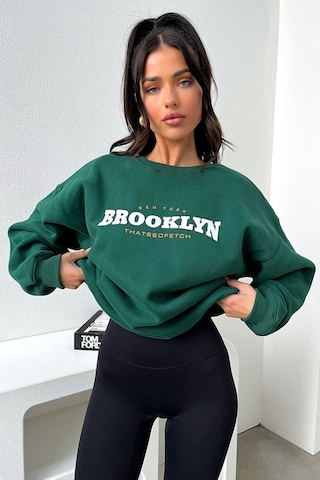 Brooklyn Thatssofetch Sweatshirt - Yeşil Baskılı Oversize Bisiklet Yaka Yeşil