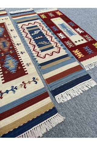 El Dokuma Dekoratif Kilim Seti 3 Adet Renkli %100 Yün Kilim