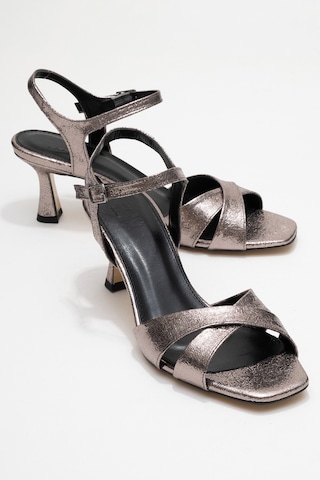 Luvishoes Luvi Shoes Melin Platin Desenli Çapraz Bantlı Kadın Topuklu Ayakkabı Platin