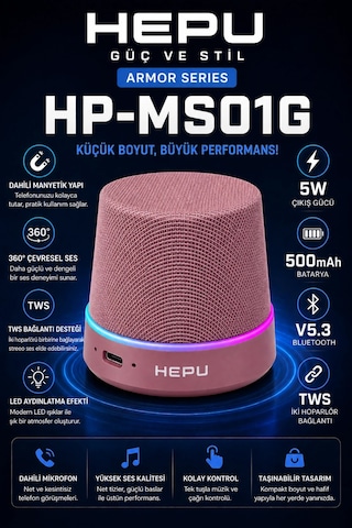 Hepu Hp-ms01g Pembe Manyetik Telefon Tutuculu Kablosuz Bluetooth Hoparlör Tws Destekli