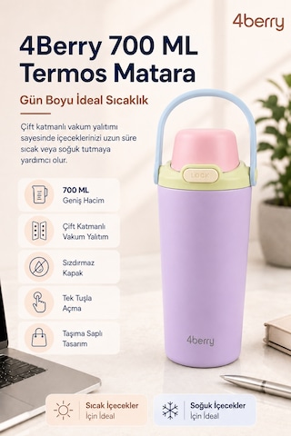 4berry 700 Ml Termos Matara Çift Cidarlı Vakum Yalıtımlı Sıcak Soğuk Tutan Sızdırmaz Kapaklı - Mor Lila