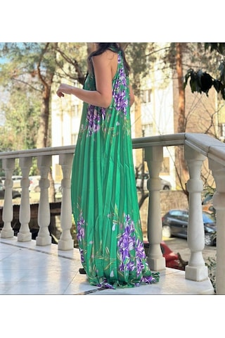 Lasorella Butik Yeşil Çiöek Desenli Astarsız Saten Elbise Yeşil