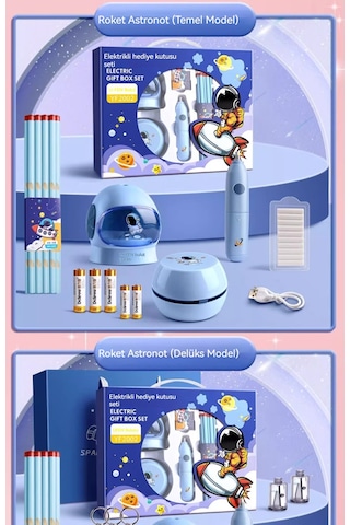 Ikkb Yeni Çocuk Öğrenme Malzemeleri Elektrikli Kırtasiye Seti Hediye Kutusu Çift Güç Modeli-12 Parça Set Roket Astronot Lüks Hediye Kutusu Mavi