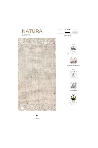 Natura El Dokuma Jüt Bohem Tarz Otantik Salon Oturma Odası Koridor Yatak Odası Krem Halı 00022a Krem