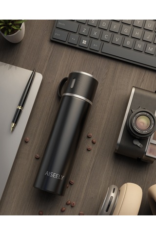 Ranyeek Aiseely 316 Paslanmaz Çelik İki Katlı Vakum Termos Bardak - 12 Saat Isı/sıcaklık Saklama, 580ml, Siyah Siyah