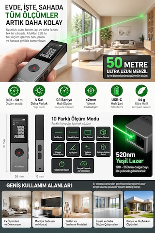 Atuman Ls-b 50 Metre Yeşil Lazer Metre Gün Işığına Uygun Şarjlı Dijital Mesafe Alan Hacim Ve Açı Ölçer Lazermetre