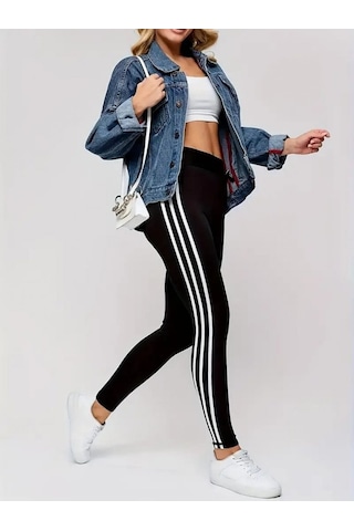 Kadın Yanları Üç Şerit Çizgi Detaylı Yüksek Bel Toparlayıcı Dalgıç Spor Tayt