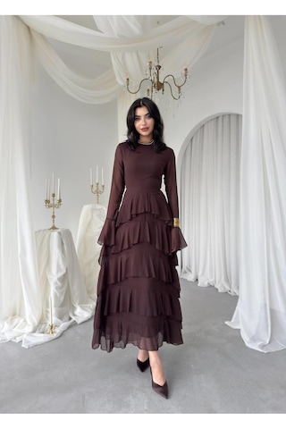 Nils Butik Katlı Şifon Detaylı Uzun Abiye Elbise Kahverengi