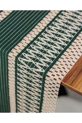 Tropik Home Pamuk Dantel Püsküllü Yeşil Runner, Sunum Örtüsü Dantel Bej 35x145 Cm Runner Masa Örtüsü Genel