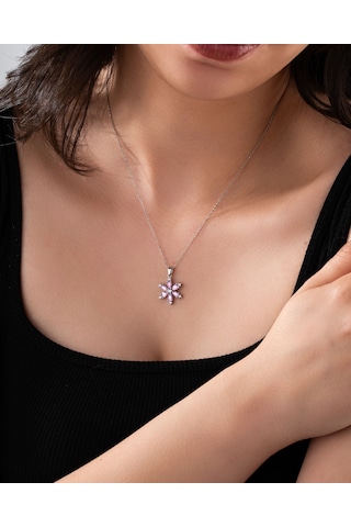 925 Ayar Pembe Kuvars Taşlı Rodyum Lotus Çiçeği Gümüş Kolye Rn10304 Gümüş