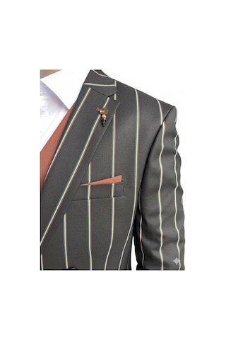 Erkek Çizgili Takım Elbise 3 Lü Set Ceket + Yelek + Pantolon Slim Fit İtalyan Tarz Siyah
