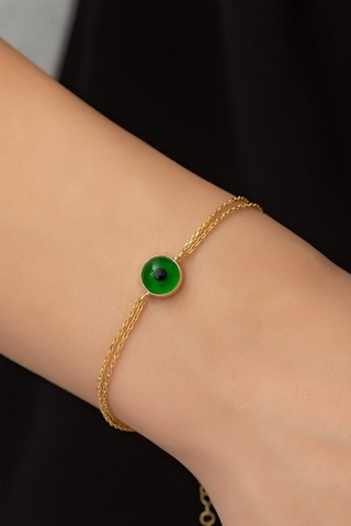 Yeşil Göz Bileklik Altın Kaplama 925 Ayar Gümüş Zincirli