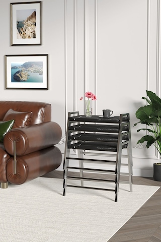 Zigon Sehpa , Aden 4'lü Tepsi Zigon Sehpa Takımı Gümüş Metal - Siyah Mermer Tabla Gümüş-siyah Mermer