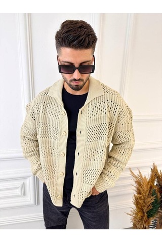 Elku Moda Hırka Oversize Özel Örgülü Triko Desenli Salaş Örgü Hırka Krem
