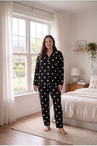 Seboteks Süet Kumaş Önden Düğmeli Büyük Beden Kadın Pijama Takımı 2800 Siyah
