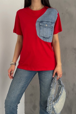Femelle Kadın Kırmızı Denim Kot Detaylı Cepli Tasarım Pamuklu Tişört