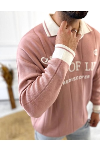 Kazak Oversize Polo Yaka Desenli Triko Yumuşak Dokulu Tüylenmez Salaş Nakış Detaylı Sweatshirt Ekru