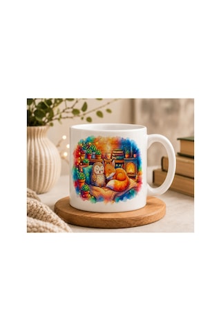 Tilki Ve Baykuş Seramik Kupa 300 Ml Çift Taraflı Baskı Cozy Orman Temalı Kahve Kupası Beyaz