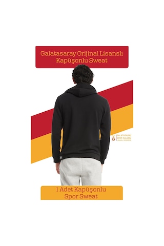 Galatasaray - Lisanslı Büyük Logo Kapüşonlu Siyah Erkek Sweat Siyah
