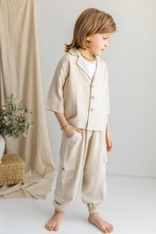 Oliven The Kid Oliventhekid Bej Keten Beli Ve Paçaları Lastikli Düğmeli Cep Detaylı Erkek Çocuk Pantolon Bej Bej