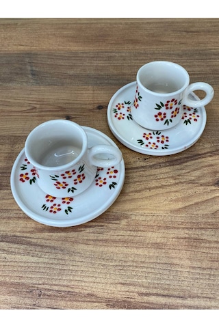 Kırmızı Çiçek Desenli El Yapımı Seramik Kupa, Mug, Türk Kahvesi