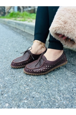 Dabab Shoes Vırena Kadın Acı Kahve Hakiki Deri File Bağcıklı Düz Taban Yazlık Babet Loafer Ayakkabı Kahverengi