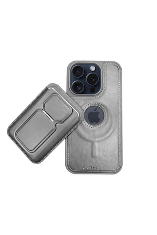 Magnetic Luxury Case + Mıknatıslı Cüzdan Apple Uyumlu iPhone 14 Pro Max Gri gri