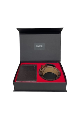 Fossil Kahverengi Cüzdan& 3,5 Cm Hakiki Deri Kemer Seti 105 Cm Kahverengi