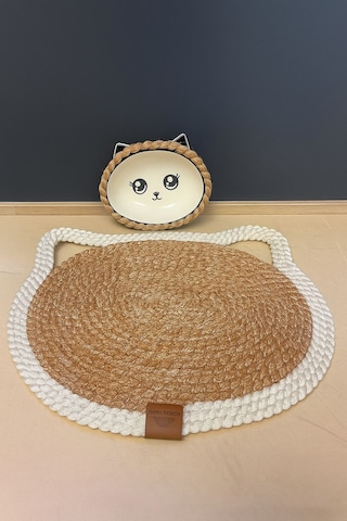 Pet - Hasır Görünümlü Kedi Paspası Ve Mama Kabı - Leke Tutmaz