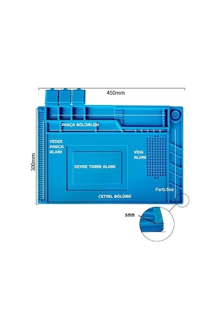 S160 Isıya Dayanıklı Manyetik Silikon Tamir Pedi Mıknatıslı Saklama Bölmeli - 45x30cm Mavi