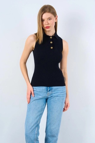 Valensdesign Patlı Düğmeli Triko Atlet - Siyah