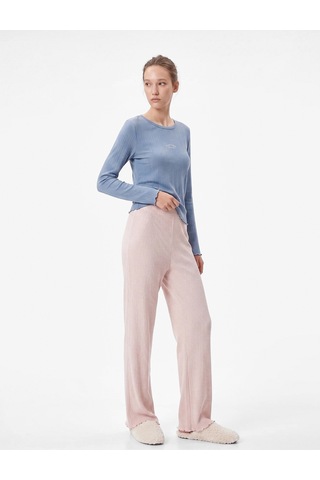 Koton Modal Kumaş Uzun Kollu Bisiklet Yaka Pijama Üstü Mavi 7wlk40068mk