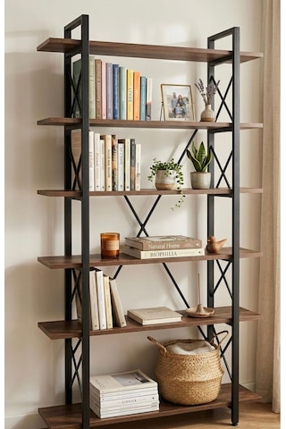 Modern 5 Raflı Metal Kitaplık - 180 Cm Ceviz Raflı Dekoratif Çelik Gövdeli Kitaplık Siyah