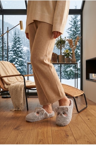 Relaxa Kadın Kedi Desenli Peluş Ev Terliği, Yumuşak Kürklü, Kaymaz Tabanlı, Sıcak Kışlık Terlik Gri